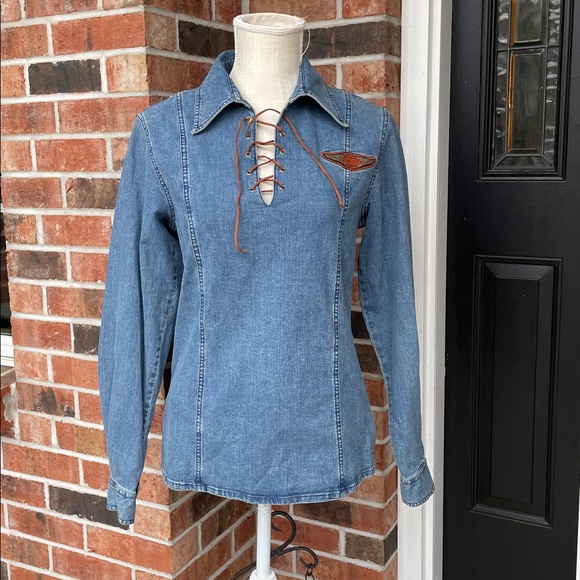 Harley-Davidson Tops - Harley-Davidson Denim Long Sleeve Lace Up Top